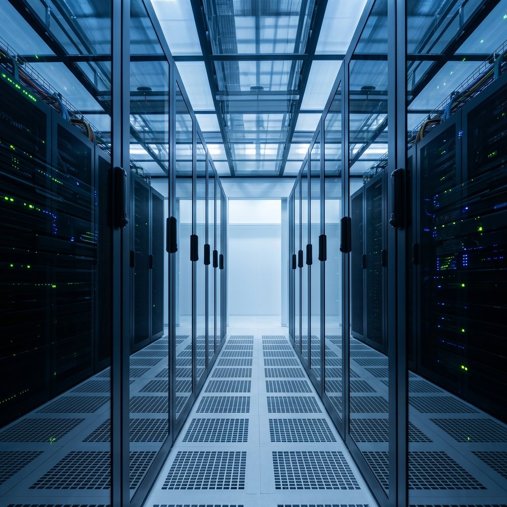 Clean modern high-density server rack aisle in a high-security data center facility